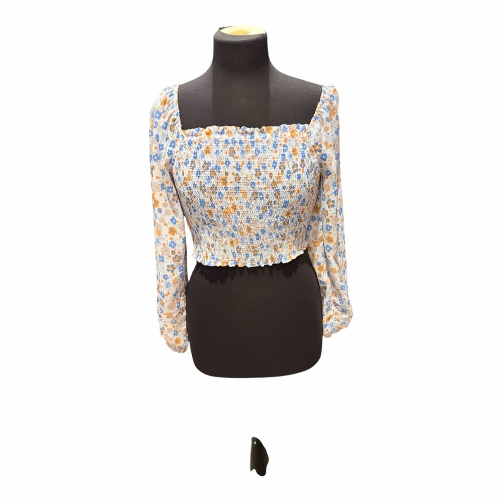 Love Tree Floral Smocked Crop Top Blue Orange Cottagecore Small - Picture 2 of 5